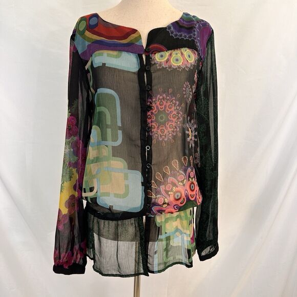 DESIGUAL Sheer Top MEDIUM Long Sleeve Button Down Peplum Airy Boho Art to Wear - Picture 1 of 7